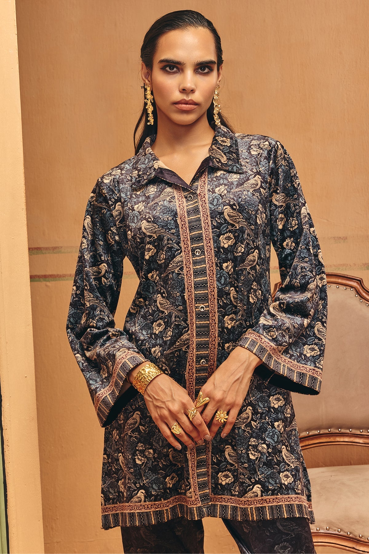 Winter Blue Printed Velvet Co-Ord Set