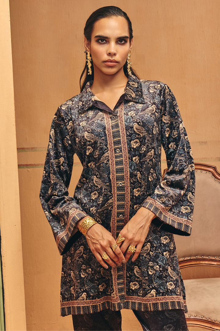 Winter Blue Printed Velvet Co-Ord Set