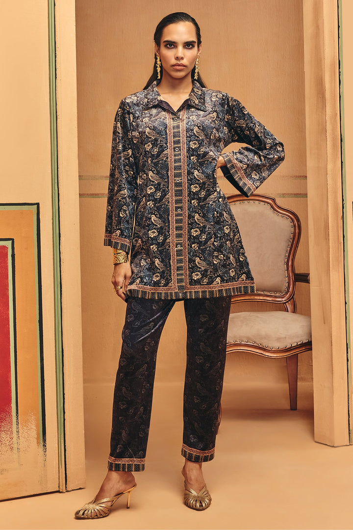 Winter Blue Printed Velvet Co-Ord Set