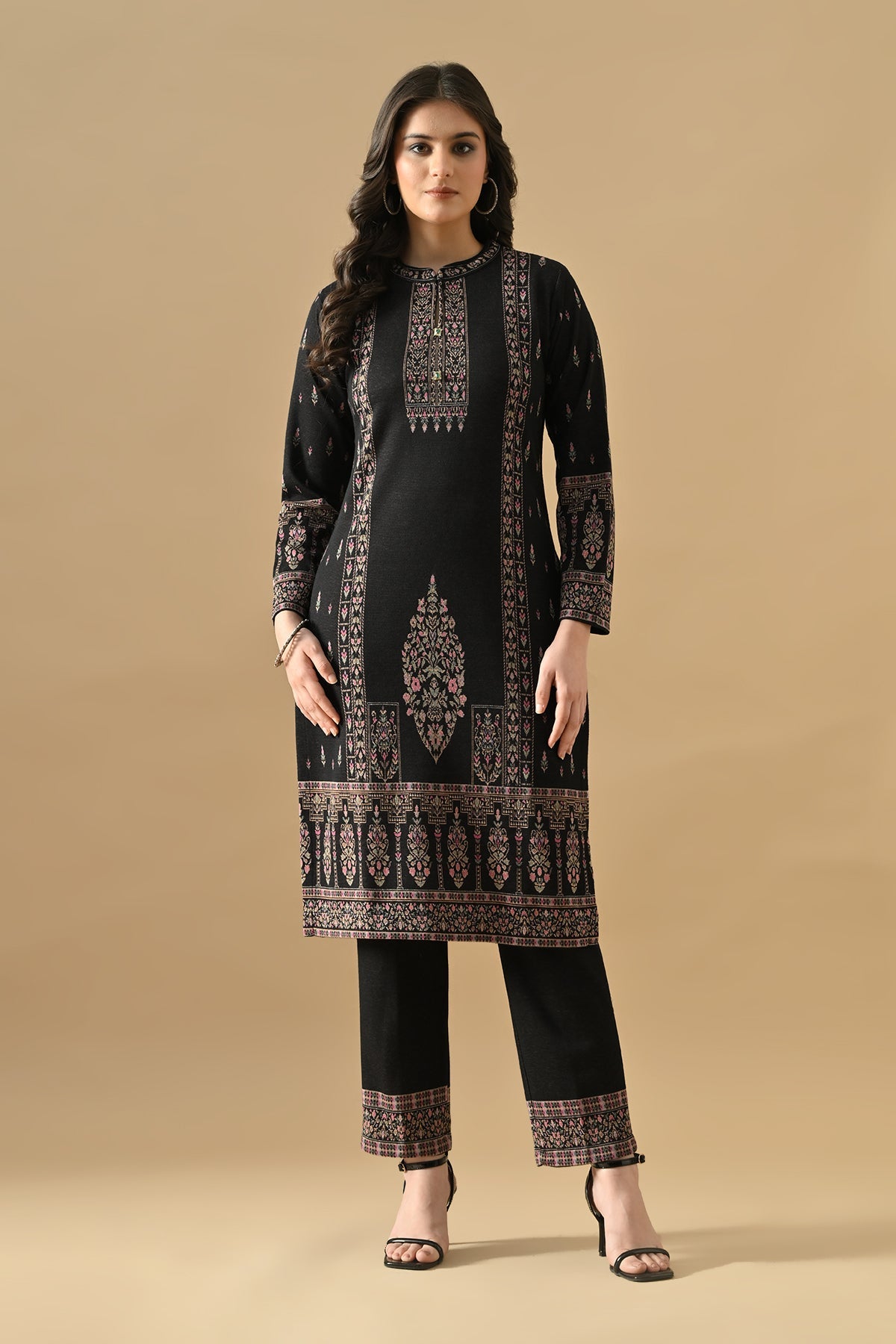 Winter Black Ethnic Motifs Woven Kurta Set