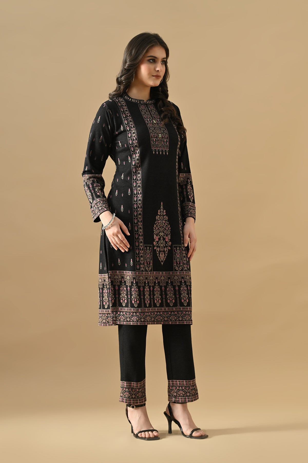 Winter Black Ethnic Motifs Woven Kurta Set