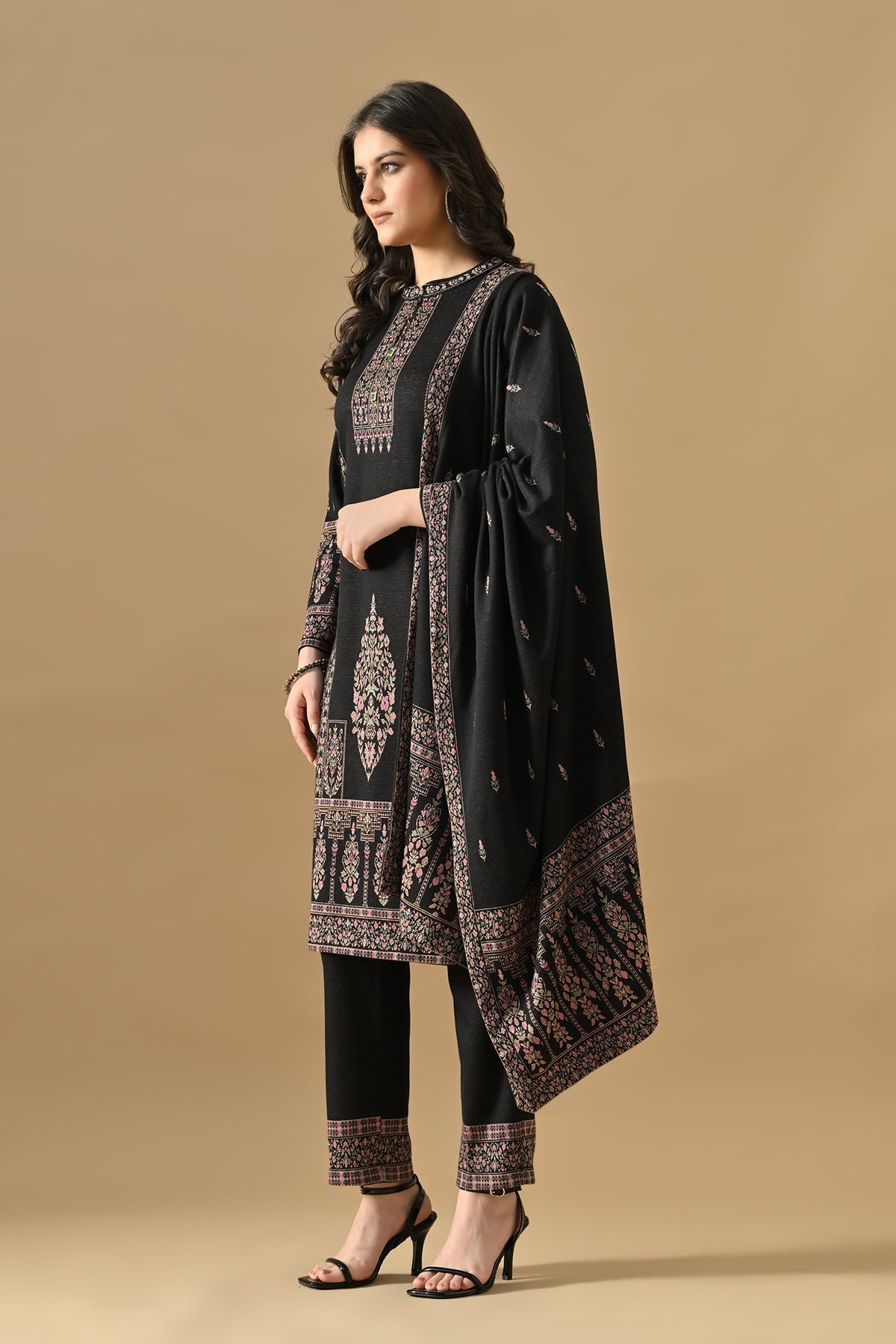 Winter Black Ethnic Motifs Woven Kurta Set