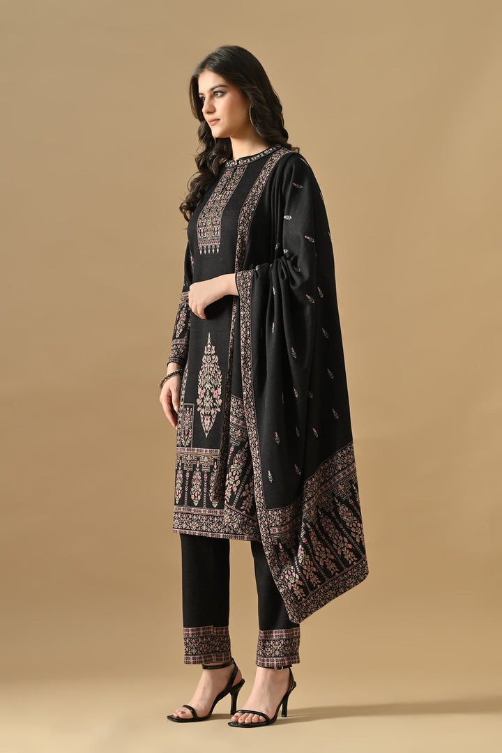 Winter Black Ethnic Motifs Woven Kurta Set