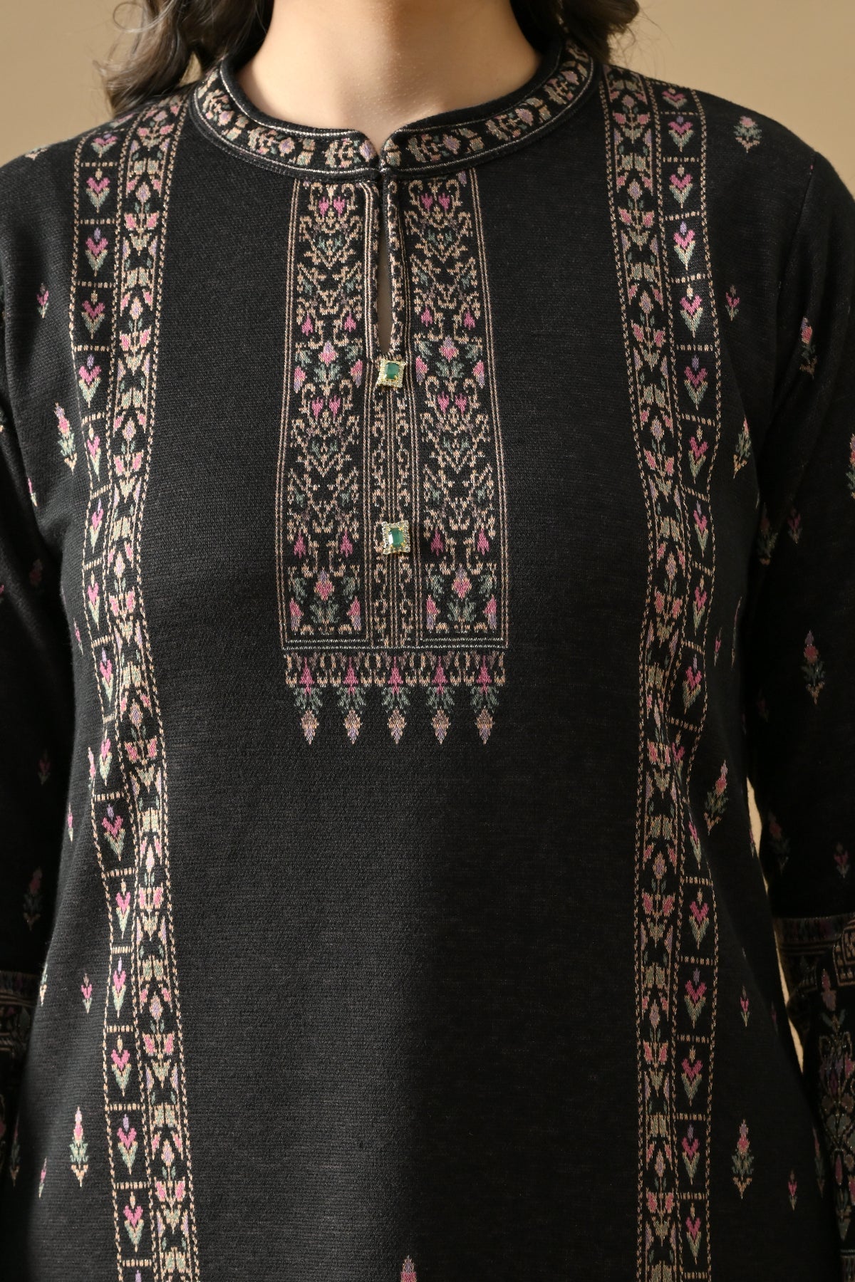 Winter Black Ethnic Motifs Woven Kurta Set