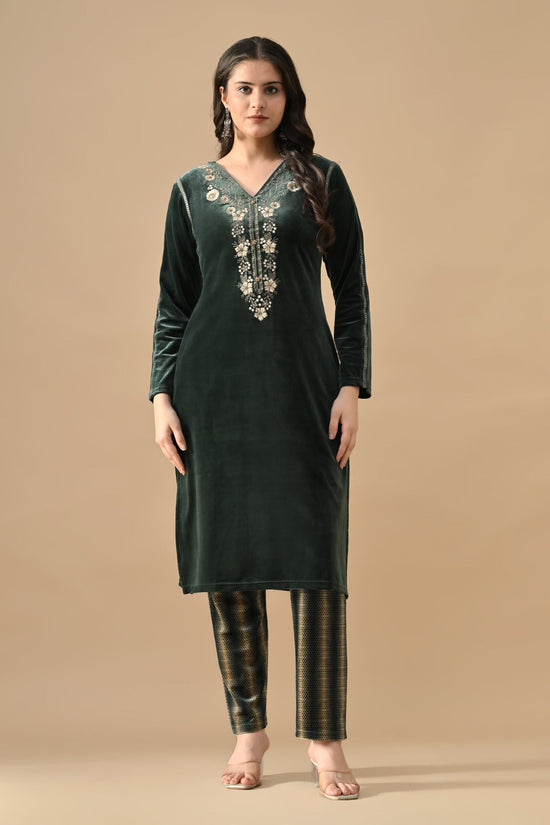 Winter Green Embroideredred Velvet Kurta 3 Pcs Set