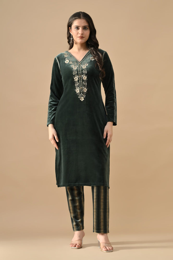 Winter Green Embroideredred Velvet Kurta Set