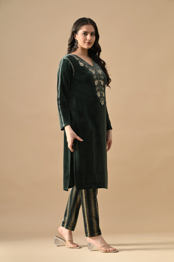 Winter Green Embroideredred Velvet Kurta Set