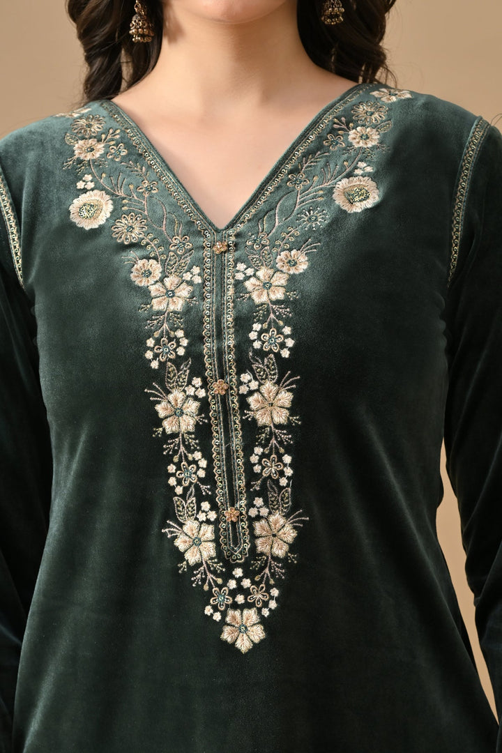 Winter Green Embroideredred Velvet Kurta Set