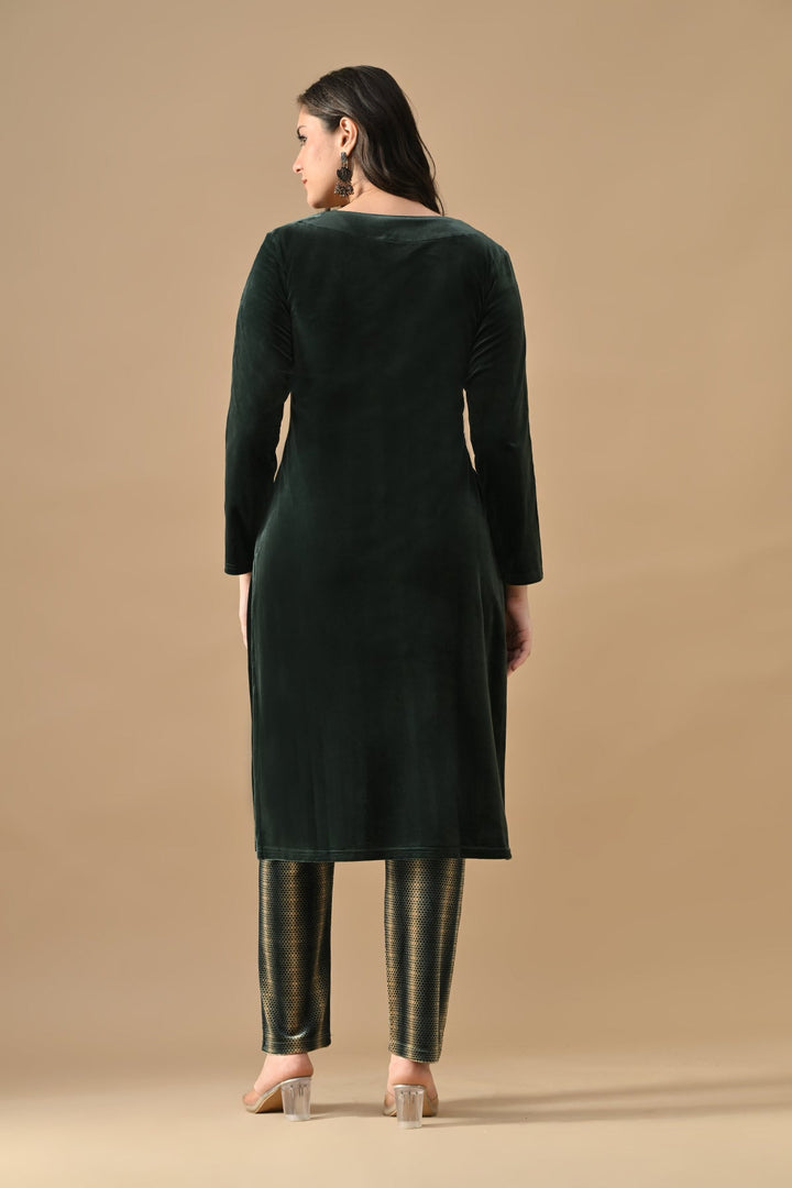 Winter Green Embroideredred Velvet Kurta Set