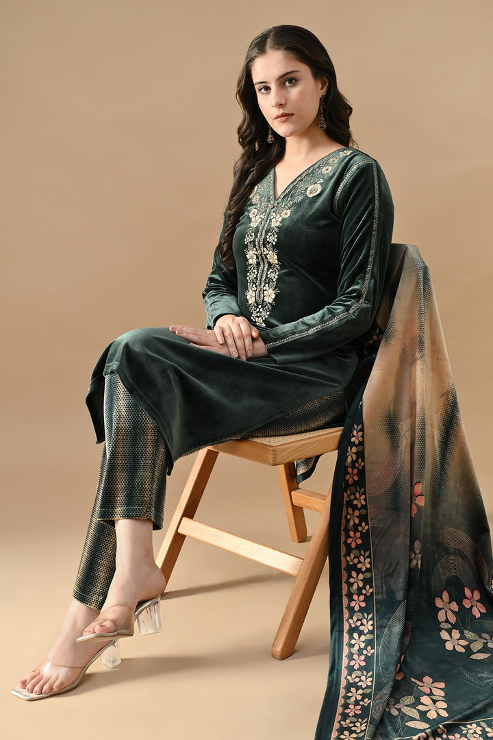 Winter Green Embroideredred Velvet Kurta Set