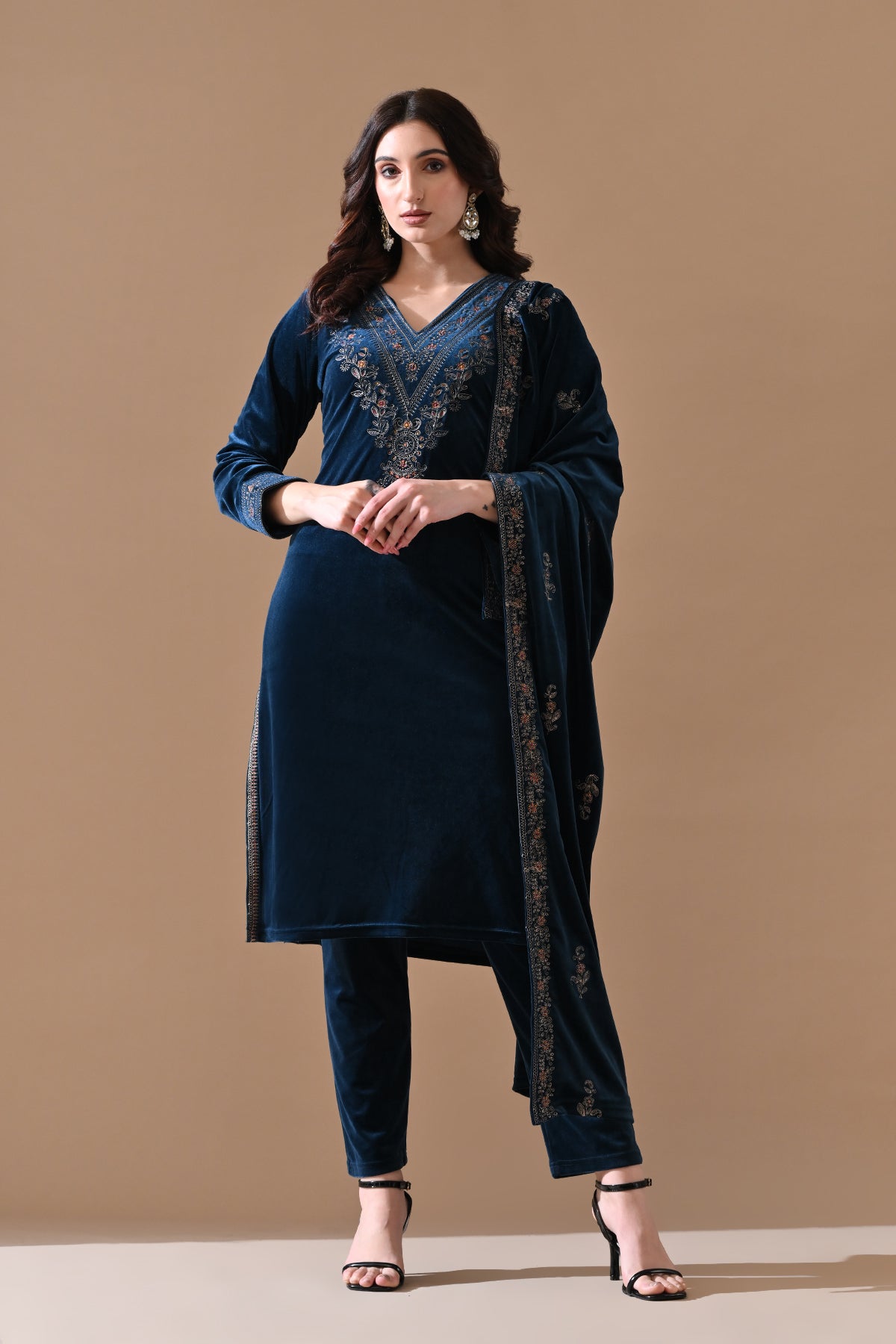 Winter Blue Embroidery Velvet Kurta 3 Pcs Set
