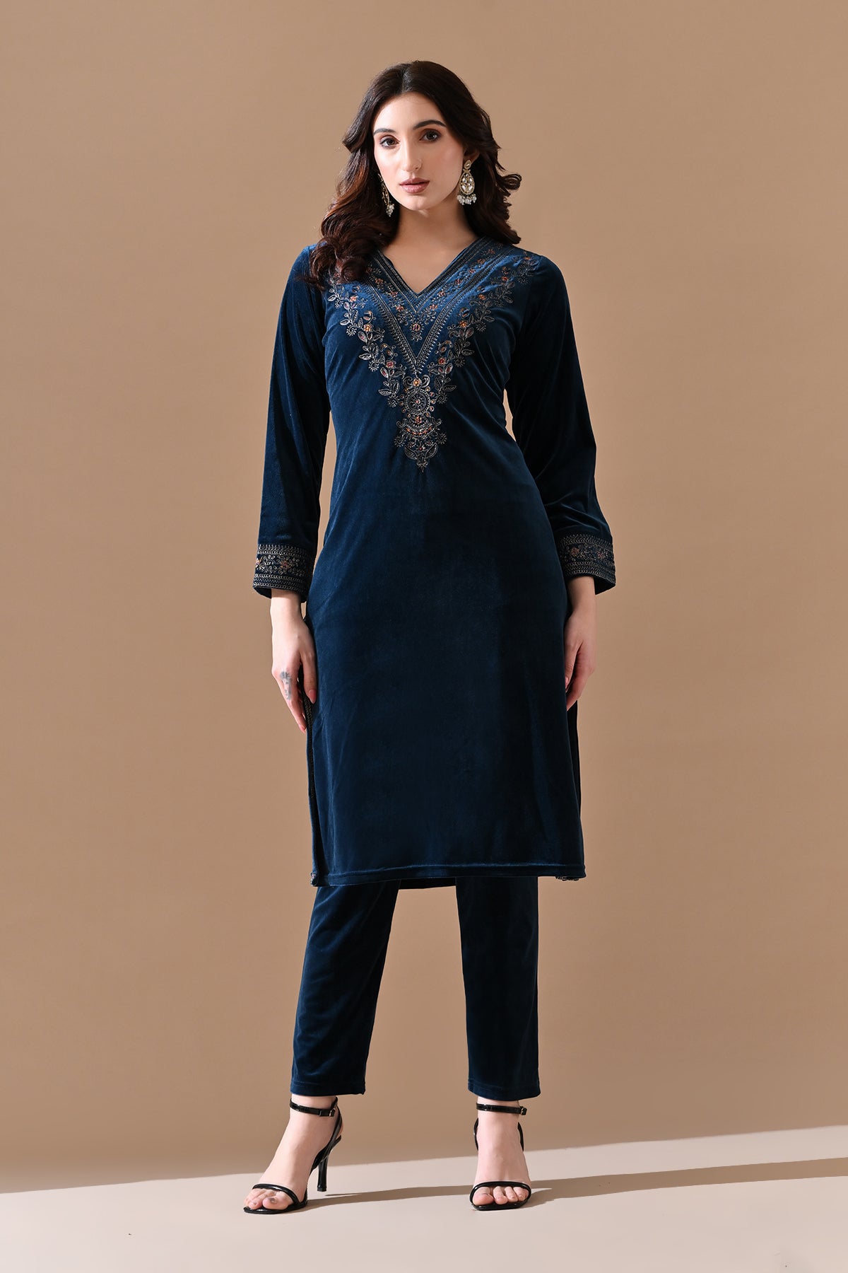 Winter Blue Embroidery Velvet Kurta 3 Pcs Set
