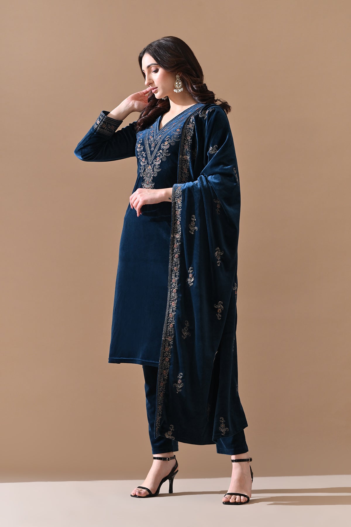 Winter Blue Embroidery Velvet Kurta 3 Pcs Set