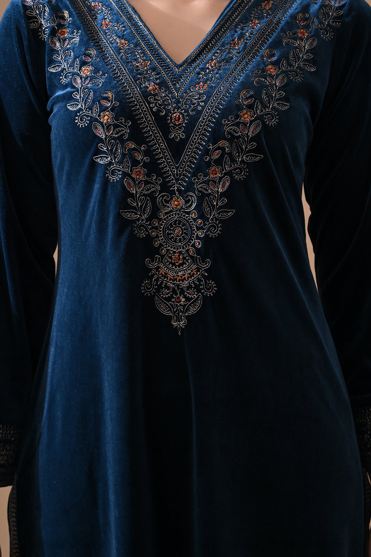 Winter Blue Embroidery Velvet Kurta 3 Pcs Set