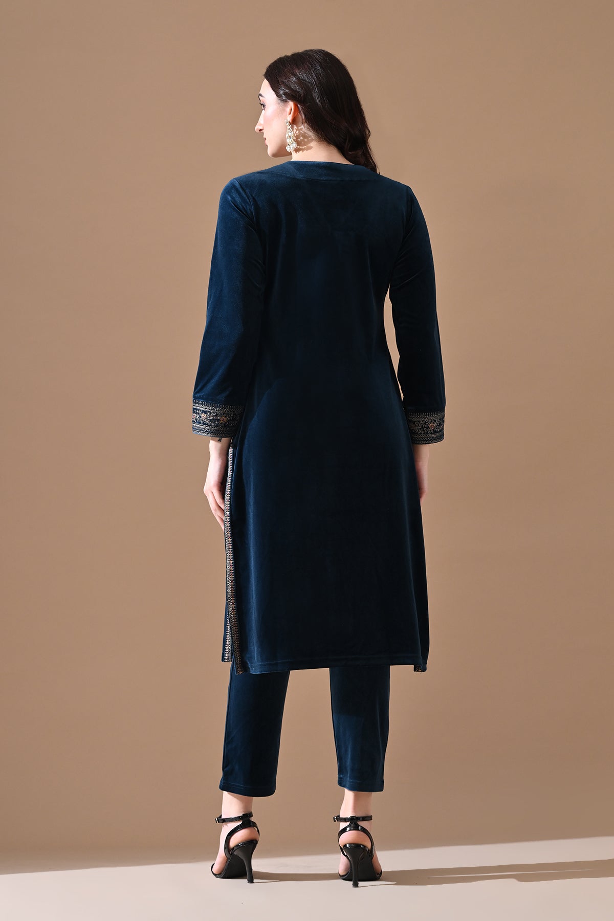 Winter Blue Embroidery Velvet Kurta 3 Pcs Set
