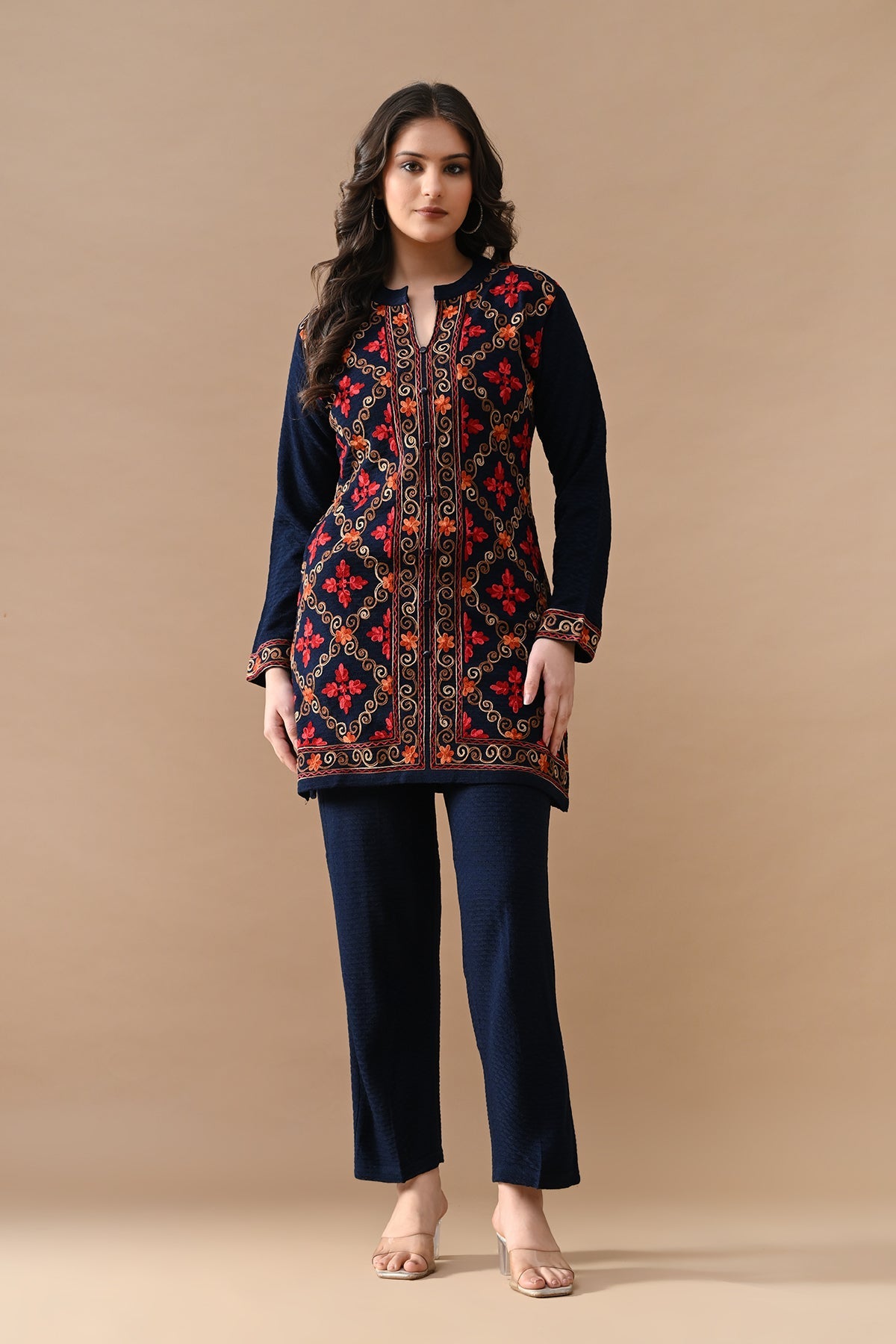 Winter Blue Embroidery Ethnic Motifs Woven Co-Ord Set