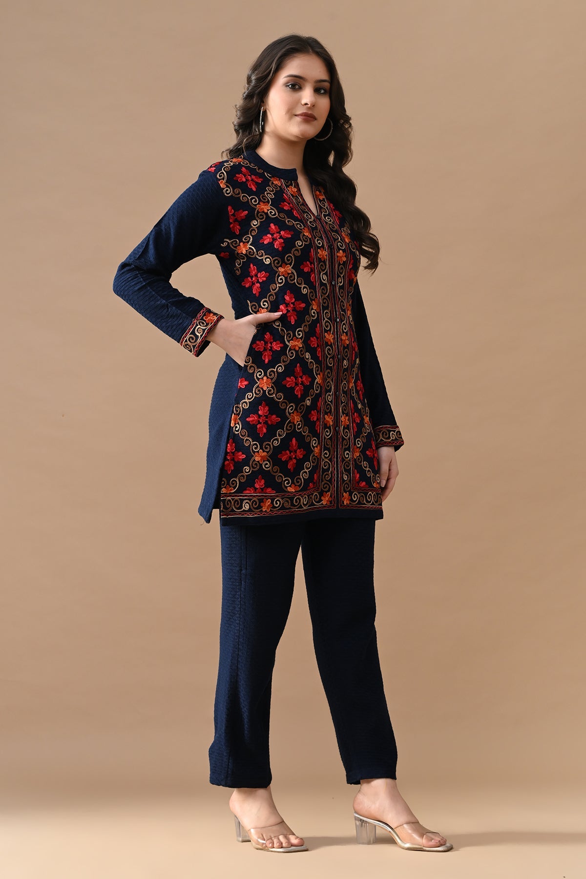 Winter Blue Embroidery Ethnic Motifs Woven Co-Ord Set
