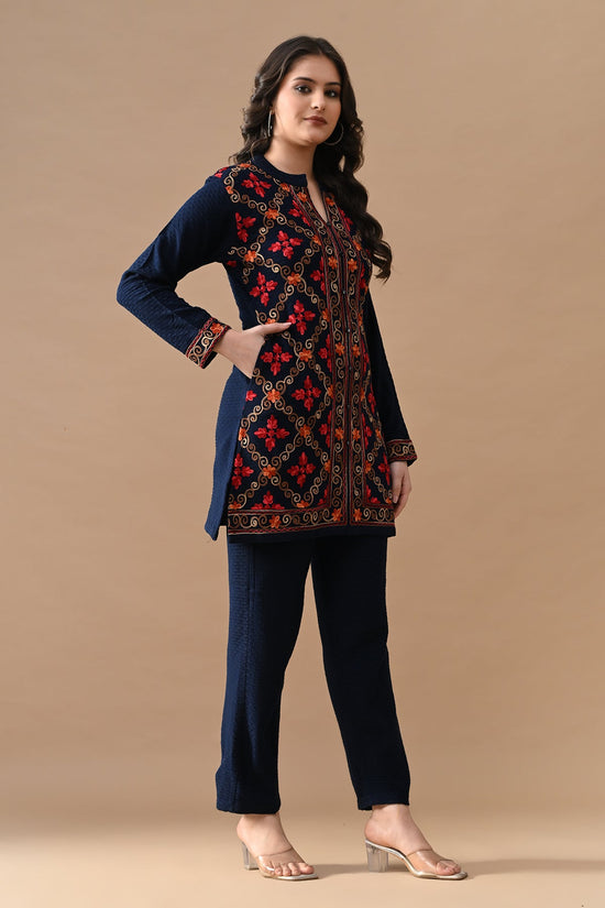 Winter Blue Embroidery Ethnic Motifs Woven Co-Ord Set