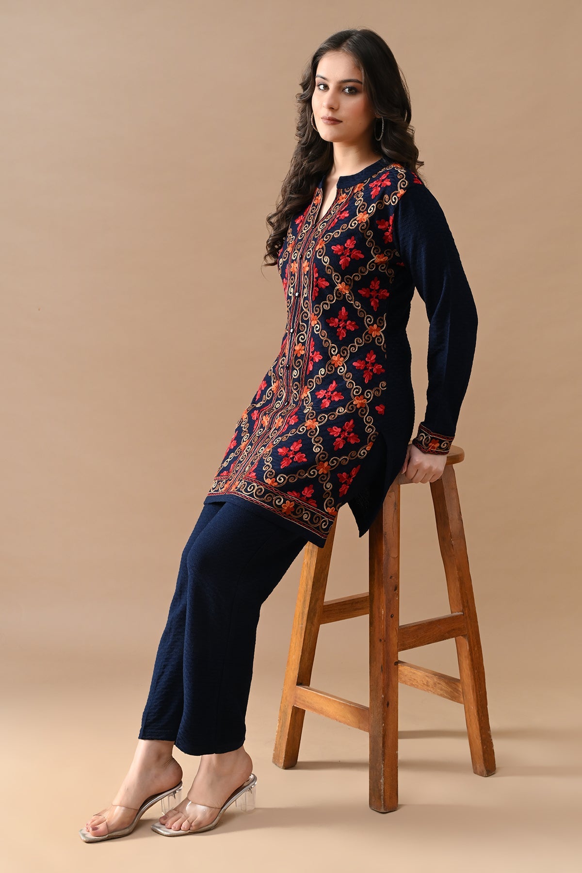 Winter Blue Embroidery Ethnic Motifs Woven Co-Ord Set