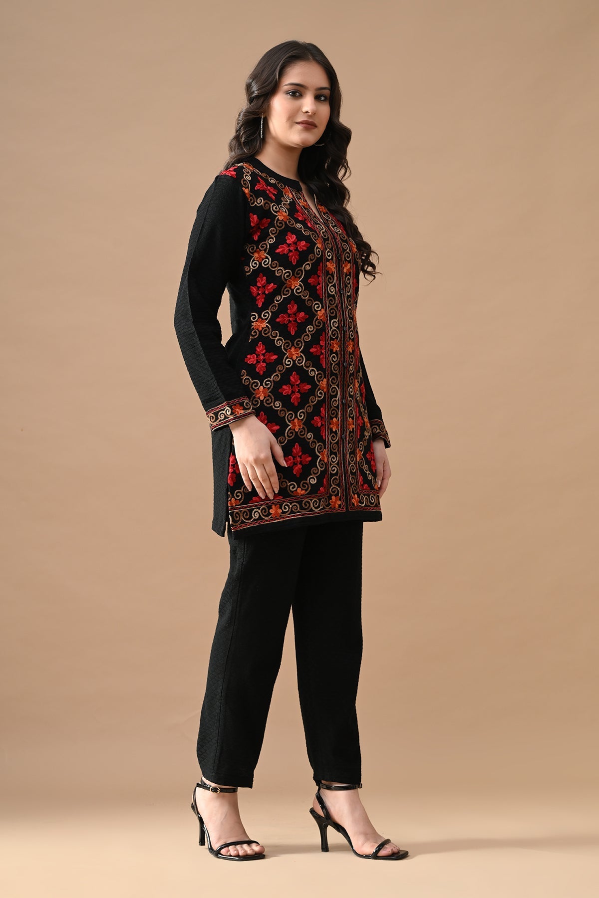 Winter Black Embroidery Ethnic Motifs Woven Co-Ord Set