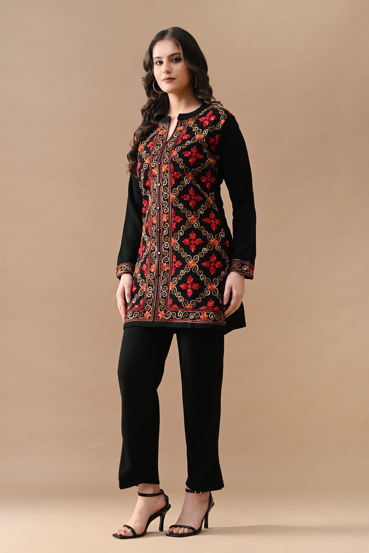 Winter Black Embroidery Ethnic Motifs Woven Co-Ord Set