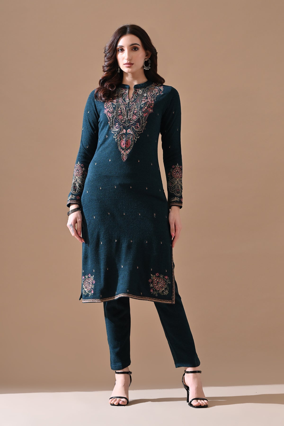 Winter Peacock Blue Beads Embroidery Ethnic Motifs Woven Kurta 2 Pcs Set