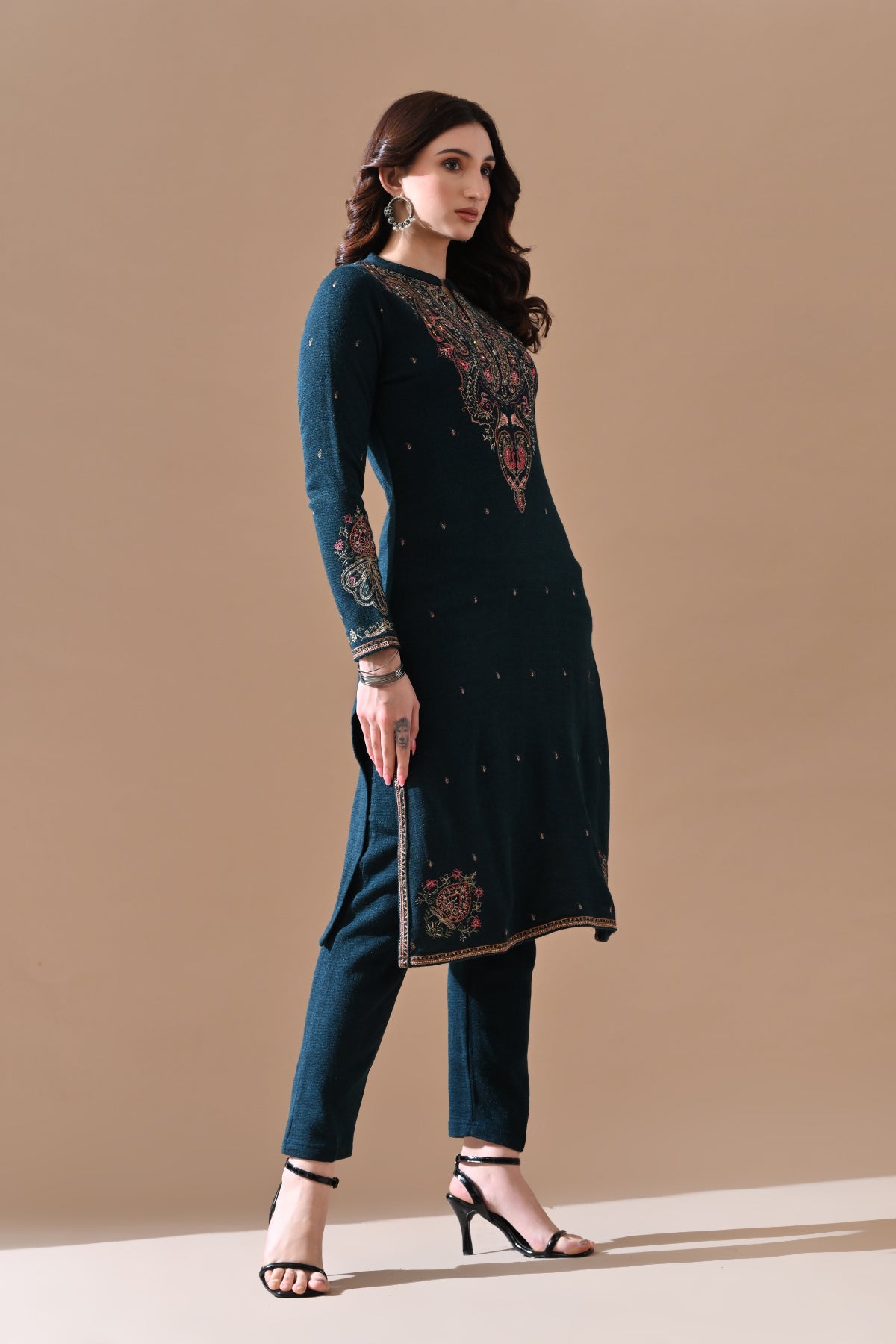 Winter Peacock Blue Beads Embroidery Ethnic Motifs Woven Kurta 2 Pcs Set