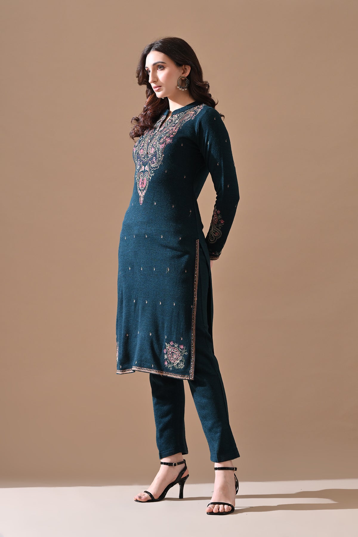 Winter Peacock Blue Beads Embroidery Ethnic Motifs Woven Kurta 2 Pcs Set