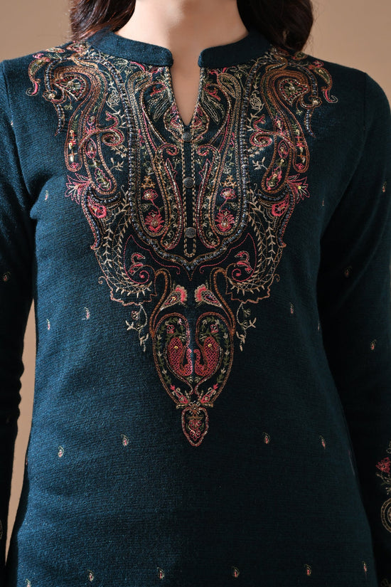 Winter Peacock Blue Beads Embroidery Ethnic Motifs Woven Kurta 2 Pcs Set