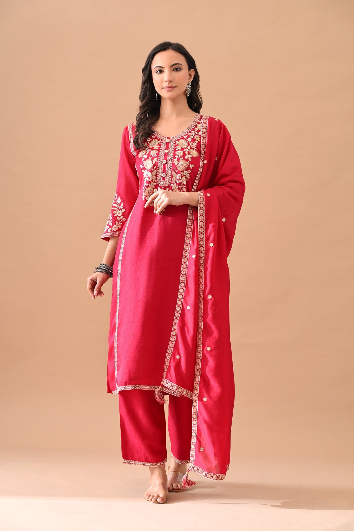 Magenta Embroidered Kurta Set (3 Piece)