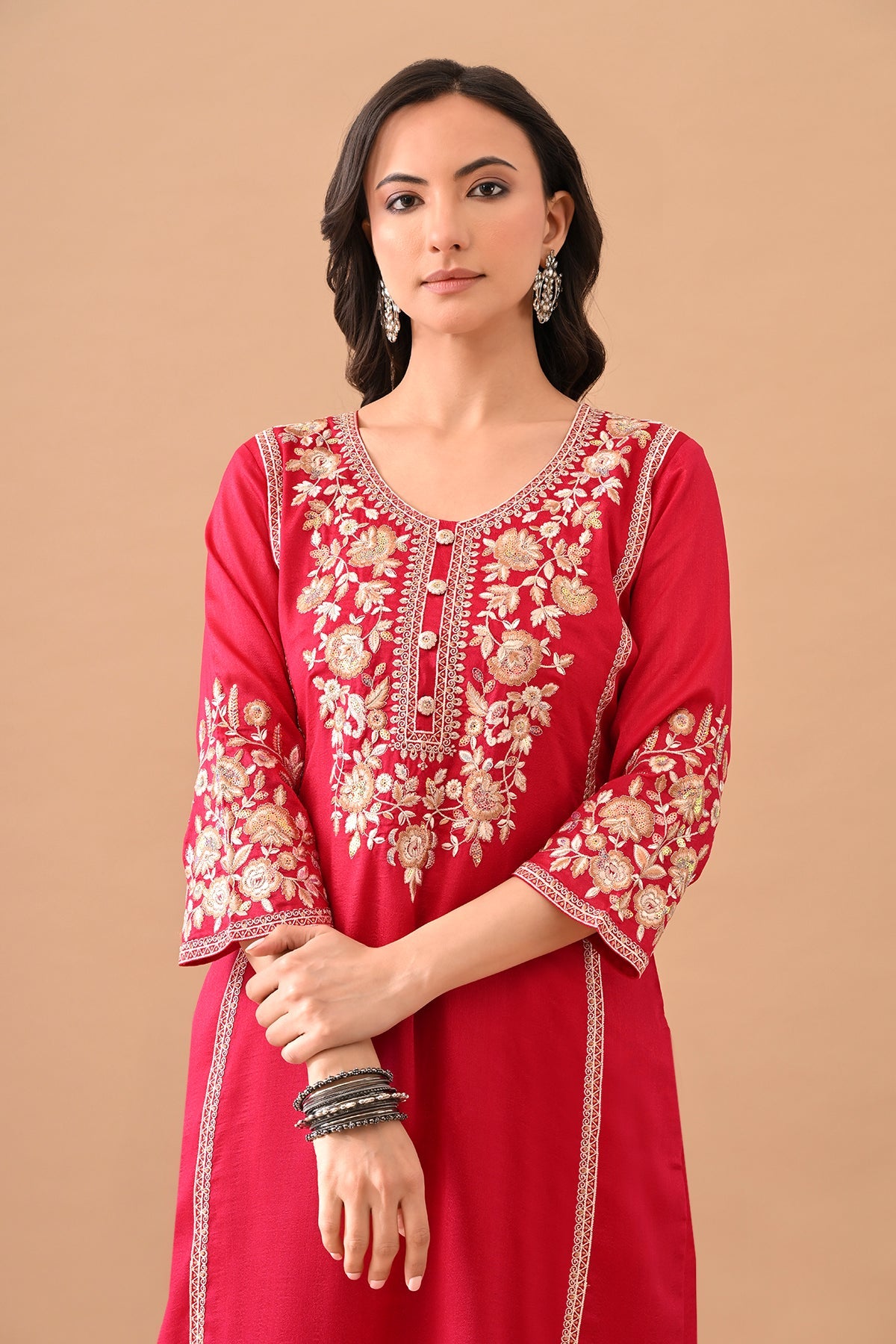 Magenta Embroidered Kurta 3 Pcs Set