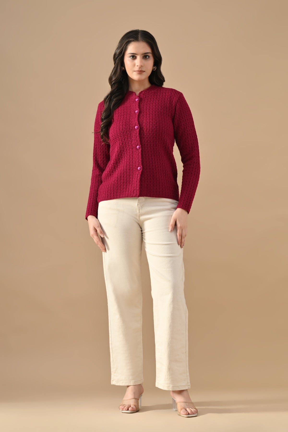 Winter Megenta Knitted Mandarin Collar Cardigan