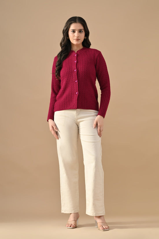 Winter Megenta Knitted Mandarin Collar Cardigan
