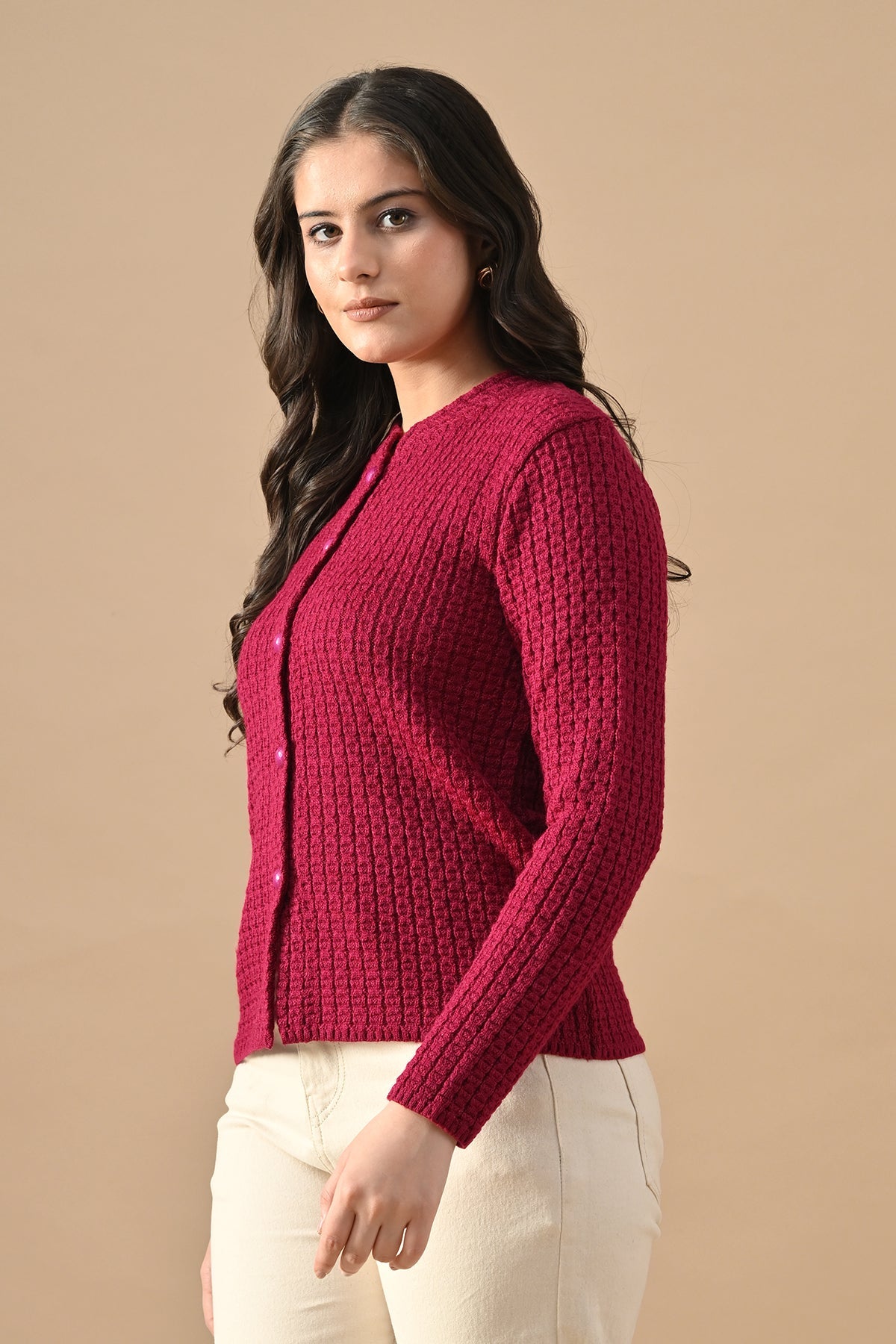 Winter Megenta Knitted Mandarin Collar Cardigan