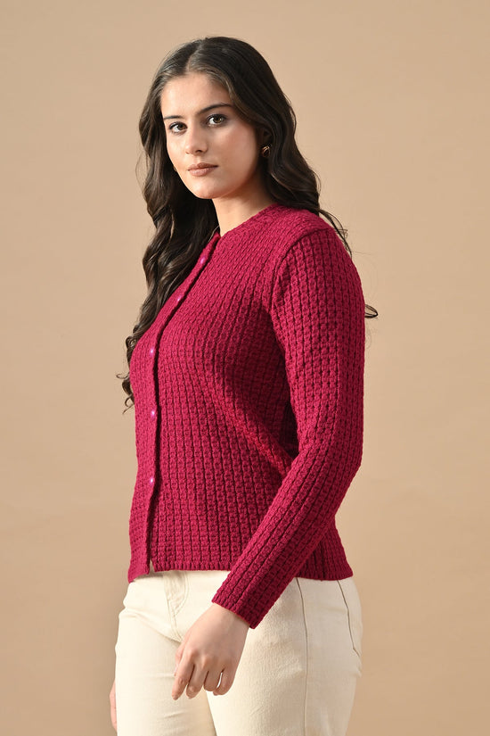 Winter Megenta Knitted Mandarin Collar Cardigan