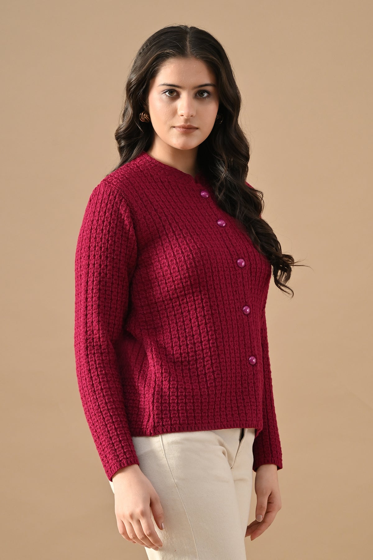 Winter Megenta Knitted Mandarin Collar Cardigan