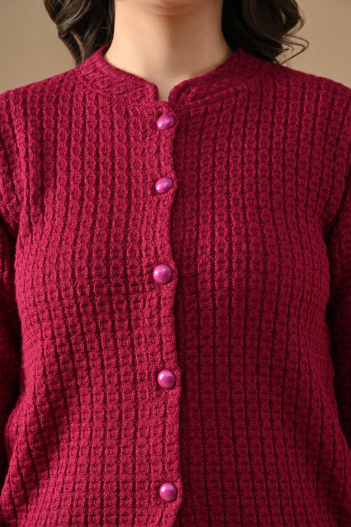 Winter Megenta Knitted Mandarin Collar Cardigan
