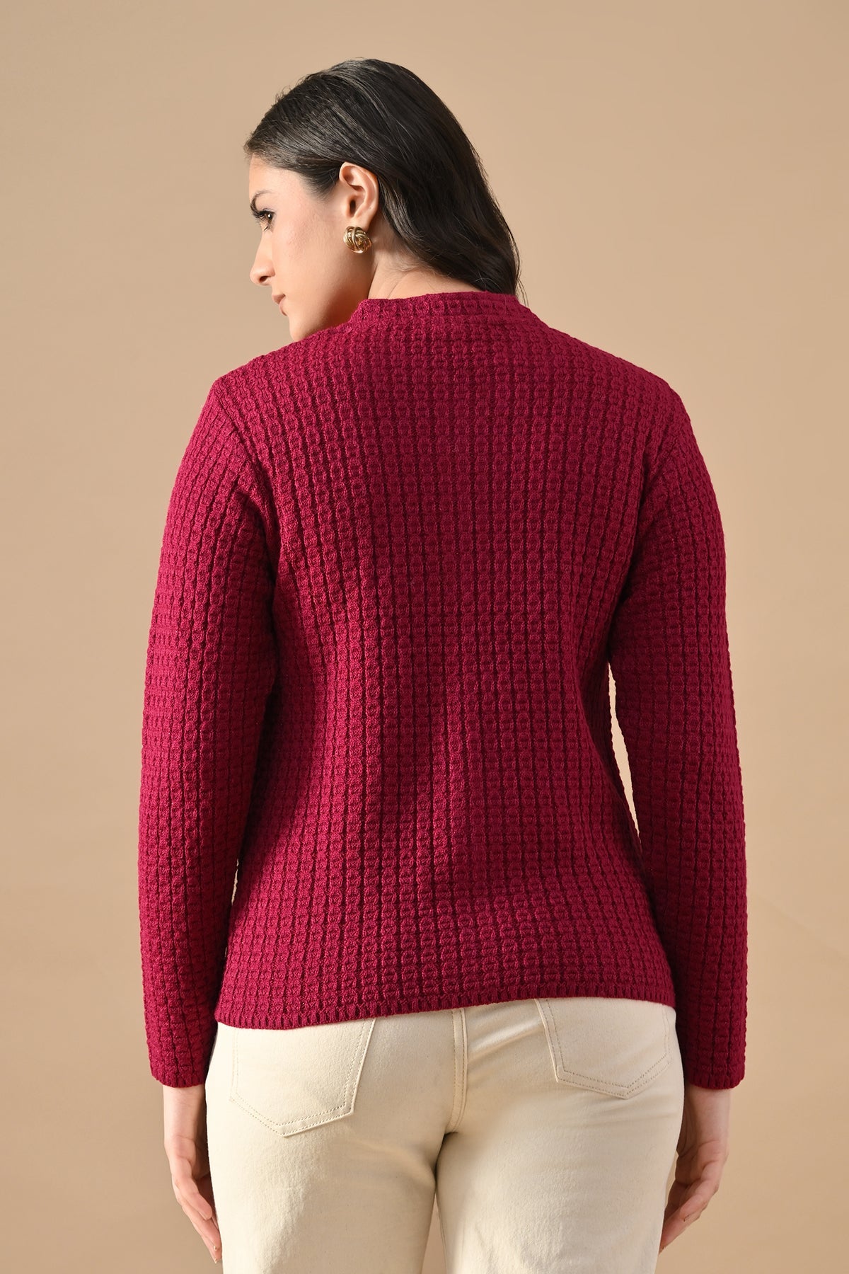 Winter Megenta Knitted Mandarin Collar Cardigan