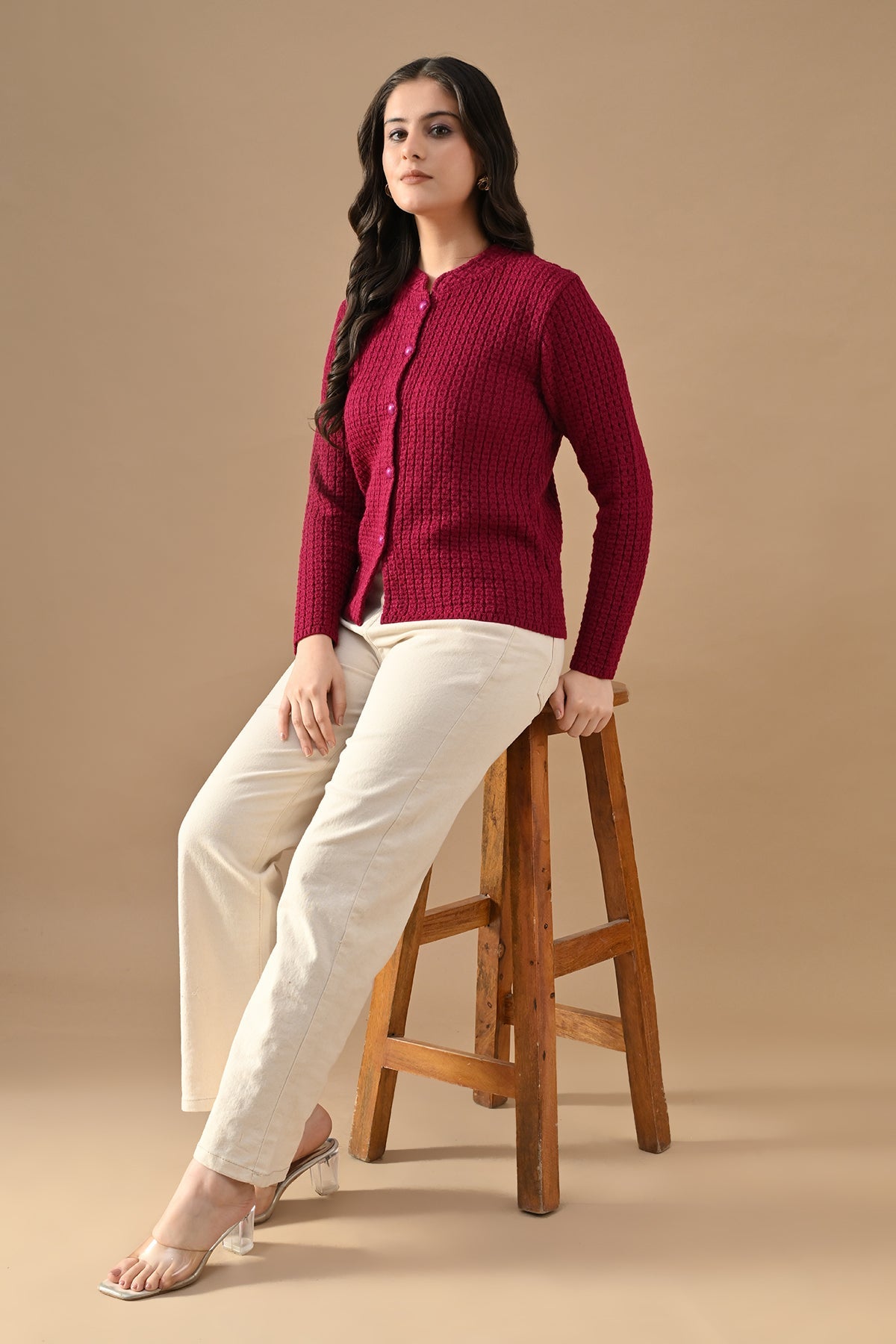 Winter Megenta Knitted Mandarin Collar Cardigan