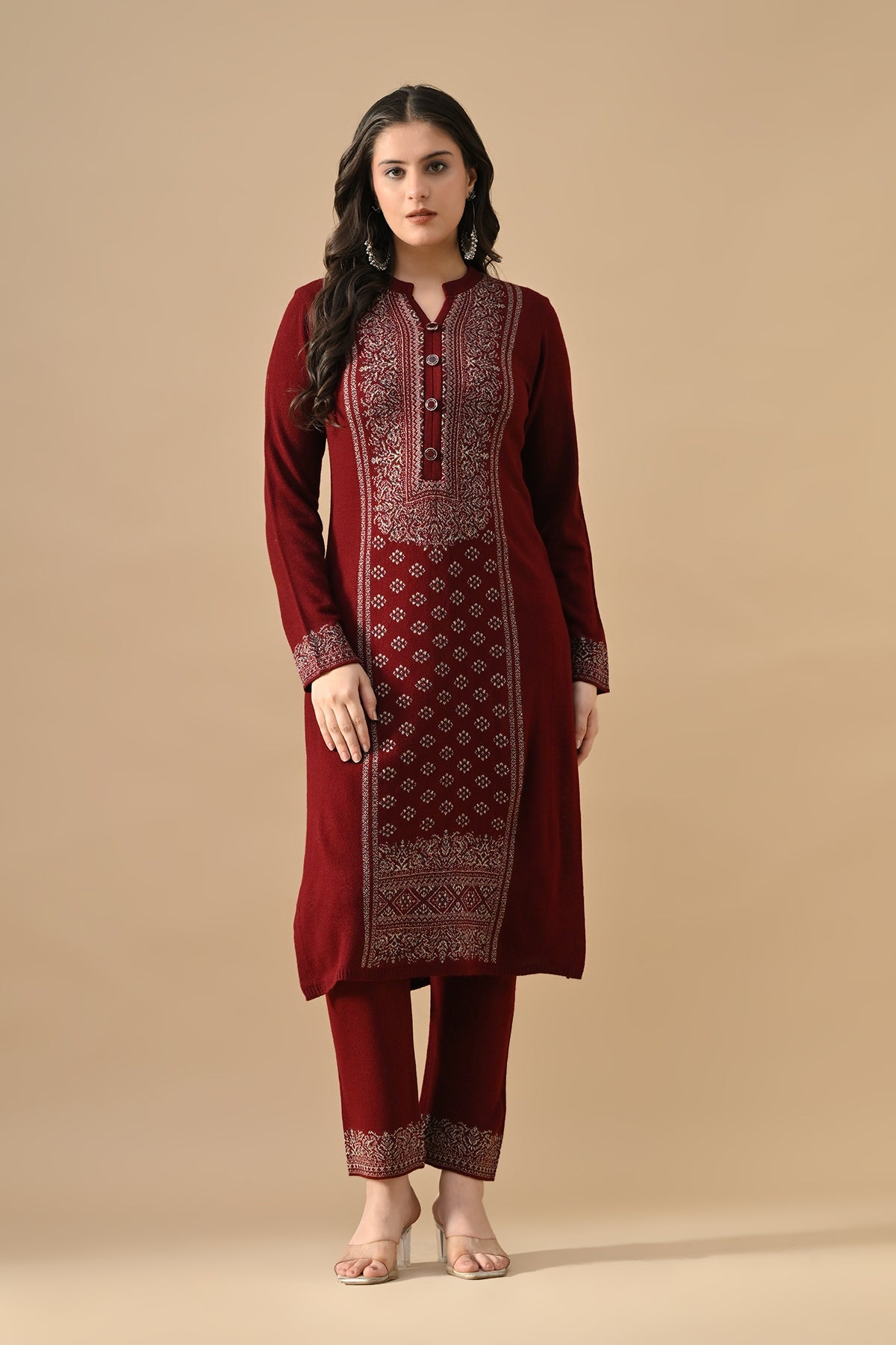 Winter Maroon Self Design Woven Kurta 3 Pcs Set