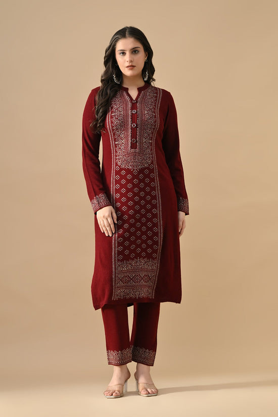 Winter Maroon Self Design Woven Kurta 3 Pcs Set