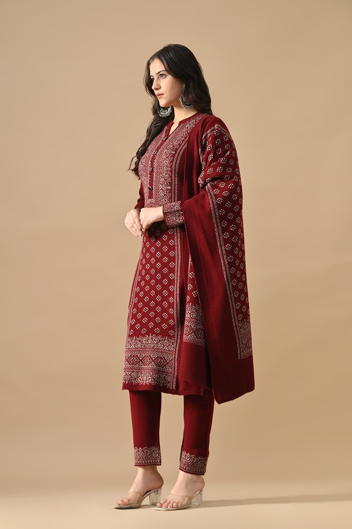 Winter Maroon Self Design Woven Kurta 3 Pcs Set
