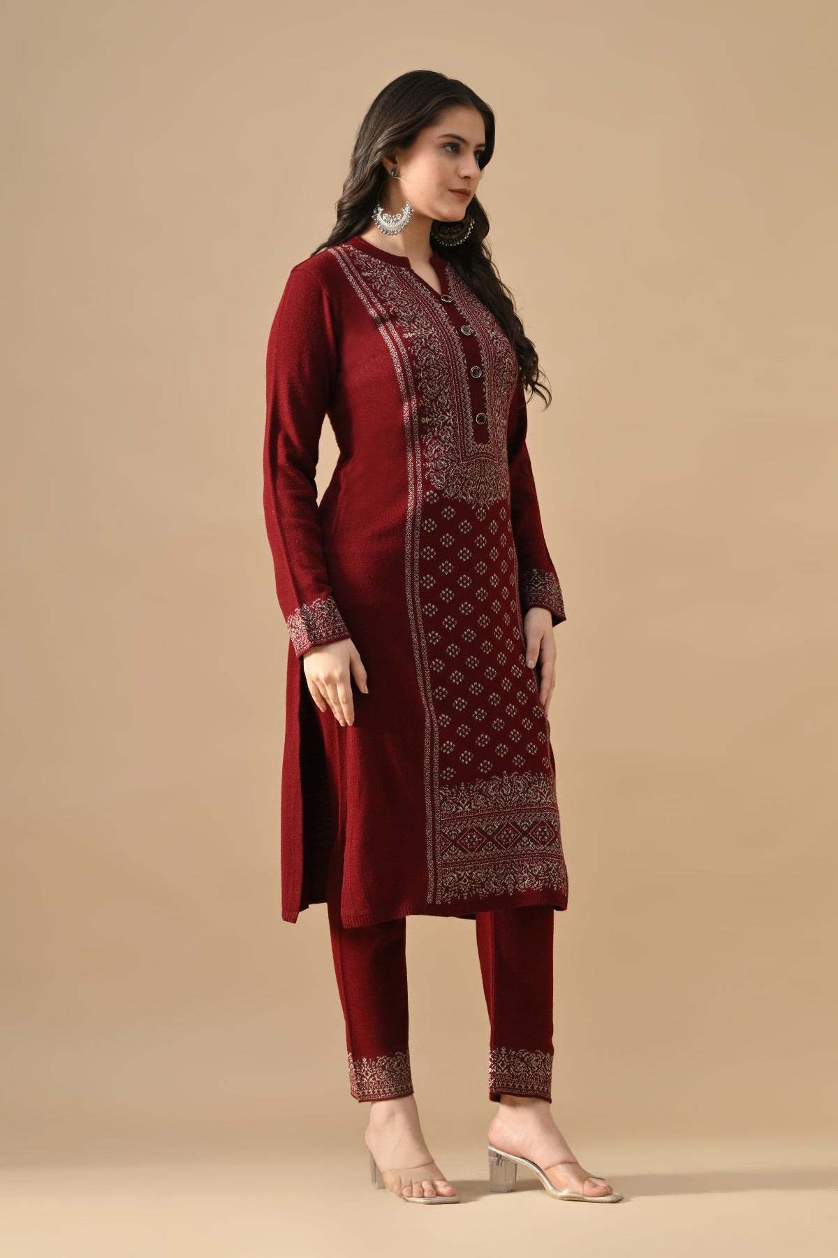 Winter Maroon Self Design Woven Kurta 3 Pcs Set