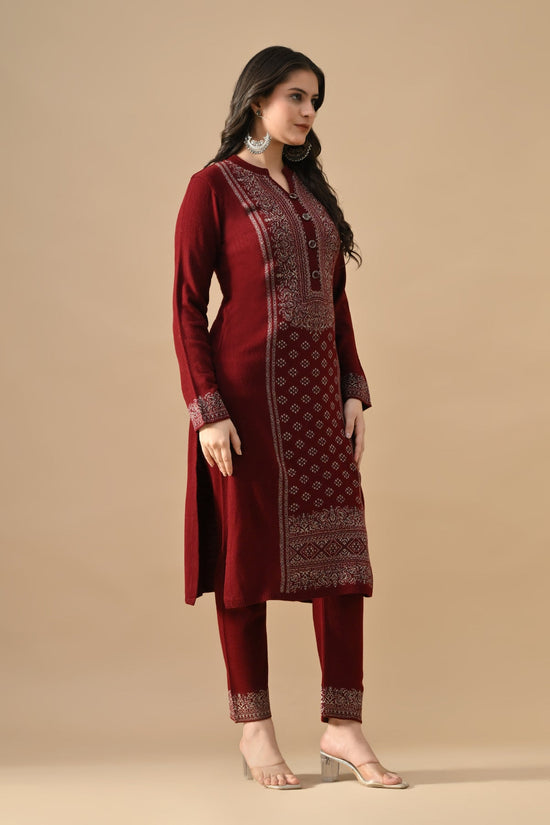 Winter Maroon Self Design Woven Kurta 3 Pcs Set