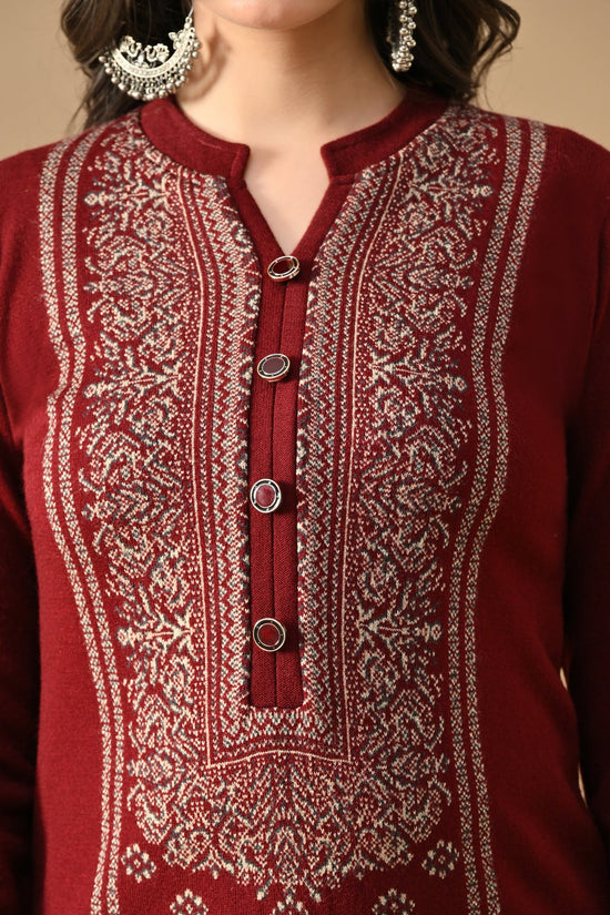 Winter Maroon Self Design Woven Kurta 3 Pcs Set