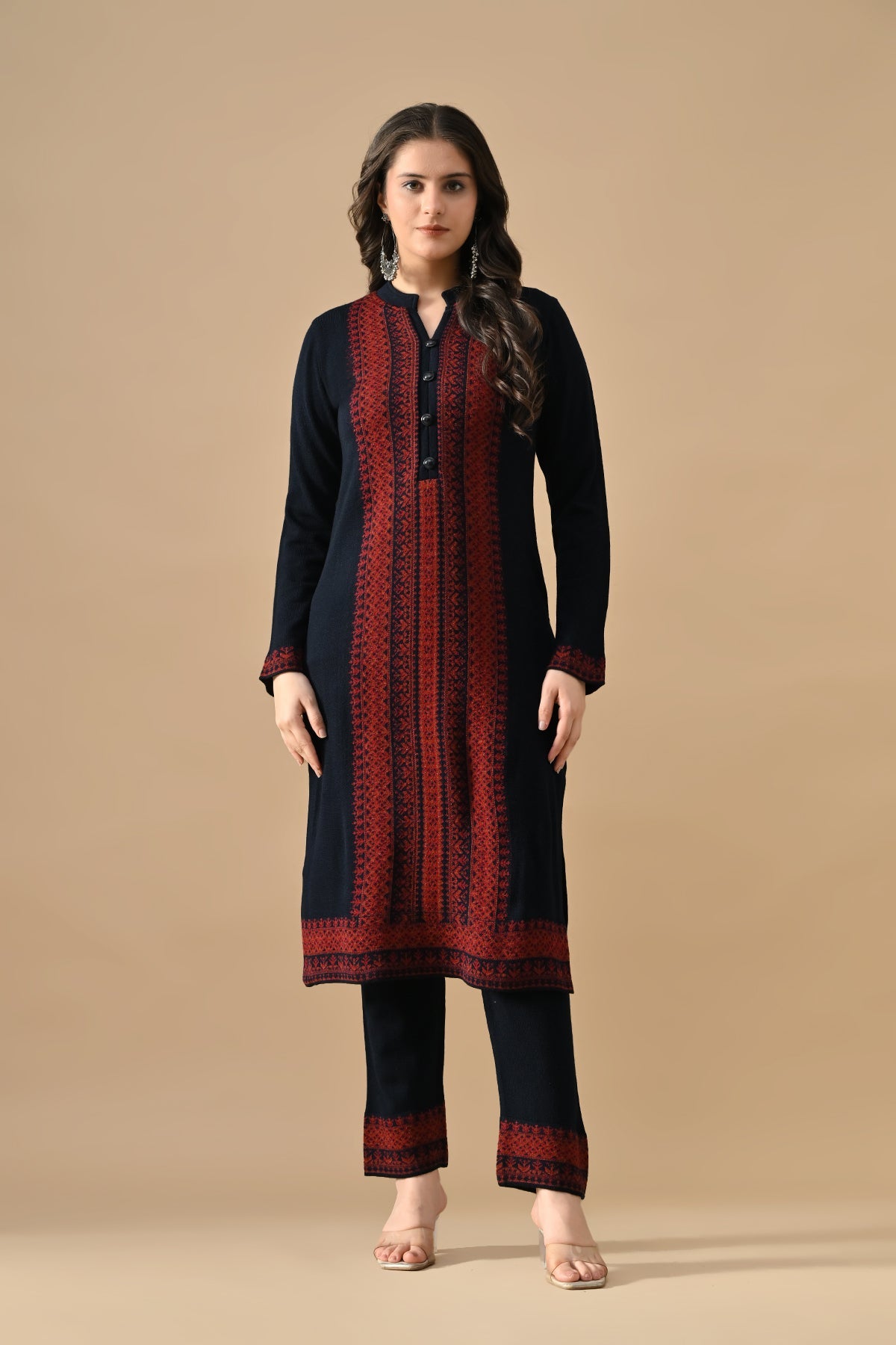 Winter Blue Printed Ethnic Motifs Woven Kurta 3 Pcs Set