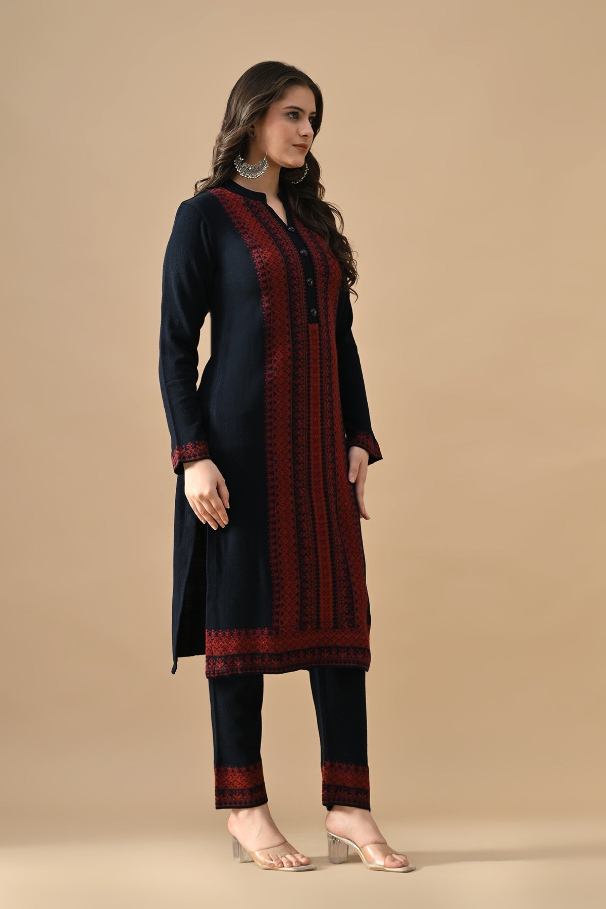 Winter Blue Printed Ethnic Motifs Woven Kurta 3 Pcs Set