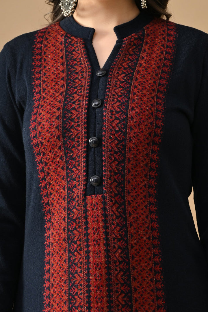 Winter Blue Printed Ethnic Motifs Woven Kurta Set