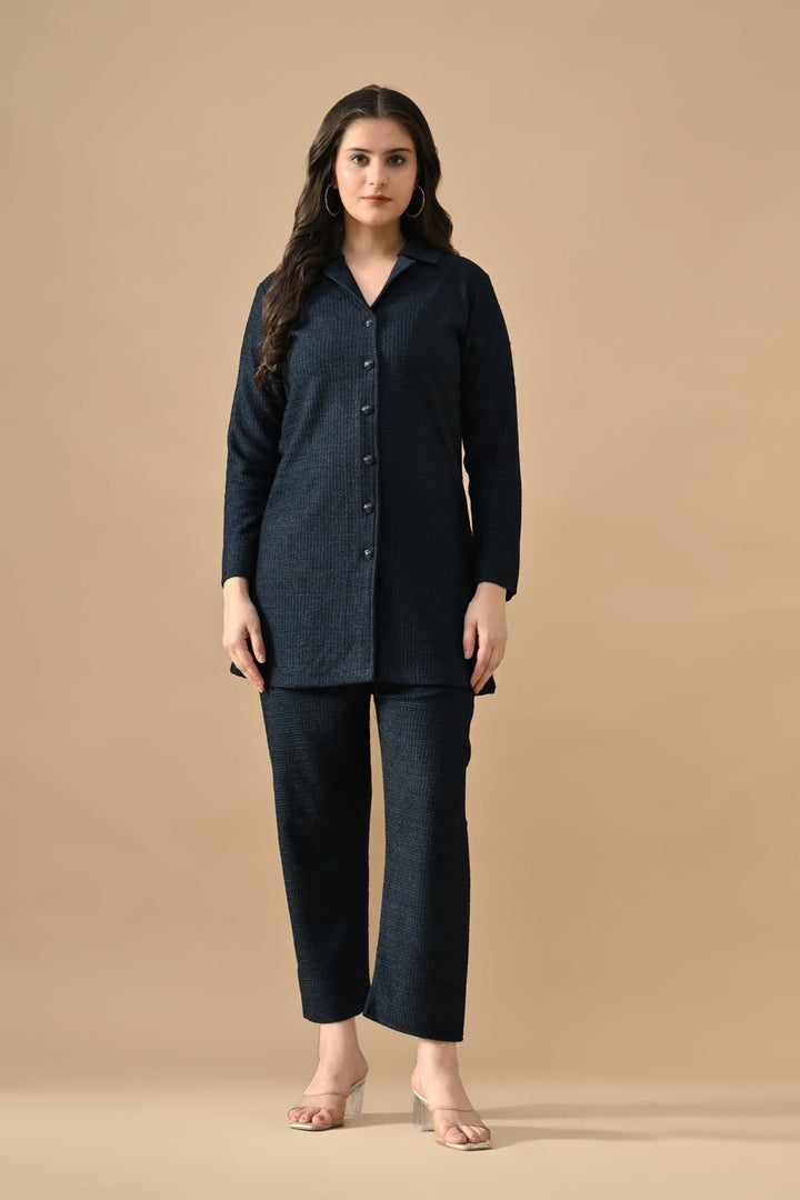 Winter Blue Solid Knitted Co-Ord Set