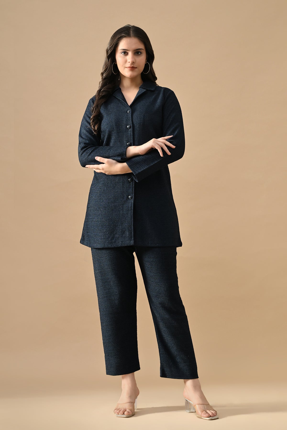 Winter Blue Solid Knitted Co-Ord Set